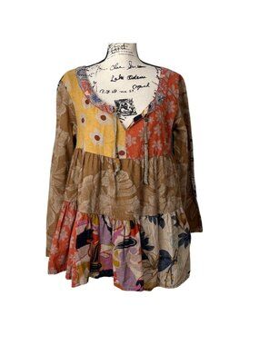 Sacred Threads Womens S/M Tunic Boho Patchwork Top Multicolor Floral Linen